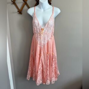 White Lingerie Vintage Pink Lace Ribbon Slip Dress Medium